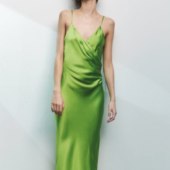 NWOT Zara Satin Midi Dress in Lime Green Size M - Picture 2 of 16